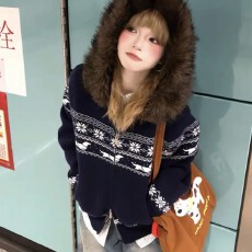 批发美式复古毛衣外套女秋季费尔岛毛领连帽针织开衫宽松慵懒风上衣潮