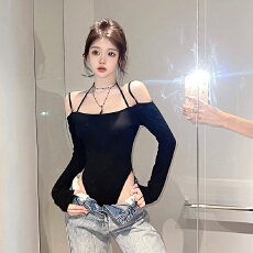 批发官图#40支<b class='q'>莫代尔</b>260克人棉长袖<b class='q'>吊带</b>连体T恤女秋露肩性感上衣