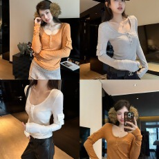 批发竹节棉磨毛U领贴袋内搭正肩长袖T恤女韩系<b class='q'>休闲</b>设计感修身打底上衣