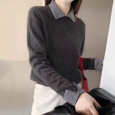 批发法式复古<b class='q'>条纹</b>拼色翻领假两件上衣秋冬新款气质<b class='q'>衬衫</b>领羊毛针织衫女