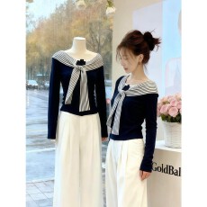 批发韩系气质拼接<b class='q'>条纹</b>绑带长袖<b class='q'>t</b><b class='q'>恤</b>女秋季设计感小众独特修身纯棉上衣