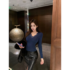批发人棉磨毛蕾丝拼接v领长袖T恤女冬季修身收腰纯欲风<b class='q'>上衣</b>内搭打底衫