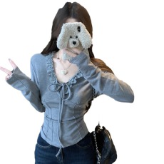 批发人棉磨毛蕾丝v领长袖t恤巨好看的打底衫女秋季系带修身紧短款上衣