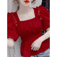 批发原版做工时尚方领泡泡袖女<b class='q'>夏季</b>新款短袖木耳边显瘦<b class='q'>衬衫</b>上衣女