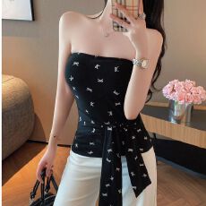 批发美式外穿绑带抹胸背心女夏季设计感蝴蝶结满印修身上衣服