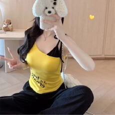 批发夏季<b class='q'>甜美</b>辣妹字母印花拼接撞色单肩带背心女款上衣修身显瘦带胸垫