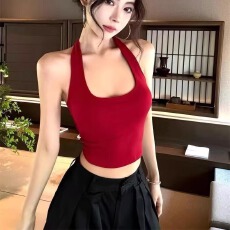 夏季新款纯欲字母刺绣吊带背心女修身一体式带胸垫百搭双根肩带