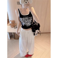 巧克少女美式辣妹字母印花带胸垫吊带背心女夏季弹力紧身性感上衣