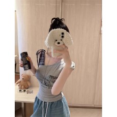 韩版辣妹格子拼接单肩绑带吊带背心女夏修身一体式带胸垫无袖上衣
