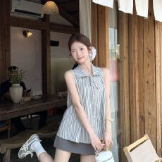批发2026夏季新款复古显瘦高级无袖衬衫上衣女<b class='q'>甜美</b>系带背心超好看小衫