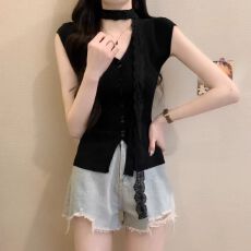 批发无袖针织衫女2026夏季新款爆款V领飘带掐腰短款冰丝坎肩背心上衣