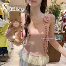 批发夏装2026新款荷叶边拼接冰丝花朵针织背心女百搭外穿修身无袖上衣