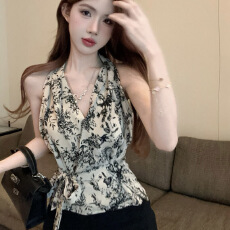 批发官图实价 无袖挂脖<b class='q'>碎花</b>背心女设计感小众法式别致漂亮小上衣夏