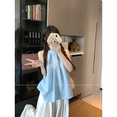 批发法式蓝色条纹无袖挂脖衬衫女夏季2026新款设计感小众宽松衬衣上衣