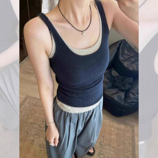 批发美式抹胸假两件蓝色小吊带背心女外穿夏内搭无袖不带胸垫短款上衣