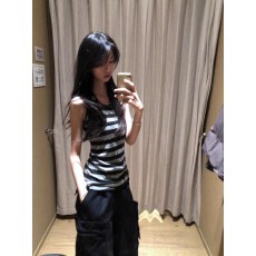 批发美式复古条纹灰色挂脖背心女夏季新款高级感弹力显瘦修身<b class='q'>百搭</b>上衣