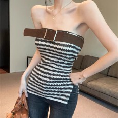 批发美拉德条纹针织吊带背心女秋季辣妹性感一字肩抹胸上衣打底衫内搭