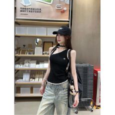 批发MR随心裁甜辣妹飘带撞色斜肩吊带背心女夏季字母刺绣无袖上衣