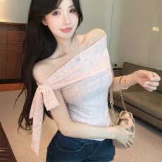 批发粉色蕾丝荡领挂脖吊带背心女夏纯欲辣妹性感一字肩抹胸小上衣绝美