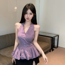 批发紫色蕾丝花苞挂脖吊带背心女外穿夏季泰式辣妹v领抹胸小上衣绝美