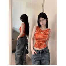 批发官图 落日橙黄花卉印花系带无袖背心小众法式修身短款上衣