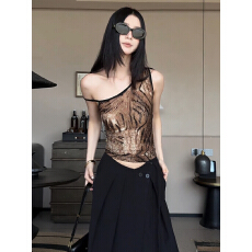 批发官图 斜领豹纹吊带背心女夏季修身设计感小众性感露肩短款上衣