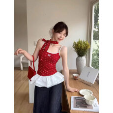 批发芭蕾风红色波点蝴蝶结吊带背心女装夏季设计感拼接荷叶边上衣