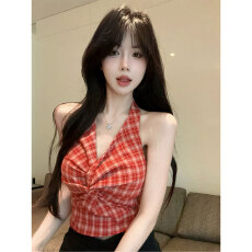 批发纯棉面料韩系甜辣挂脖格纹抹胸上衣女夏季修身扭结吊带背心