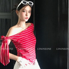 批发慵懒条纹控 红白条纹一字露肩斜肩背心修身系带T恤上衣