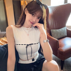 批发官图实价 小香风高级感蝴蝶结无袖背心T恤女夏纯欲甜辣妹短款上衣