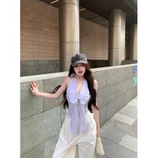 批发蝴蝶结条纹v领挂脖吊带背心女夏季修身无袖外穿辣妹短款美背上衣