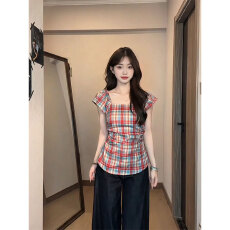 批发原版纯棉面料韩系复古格纹<b class='q'>衬衫</b>女<b class='q'>夏季</b>新款收腰显瘦辣妹上衣