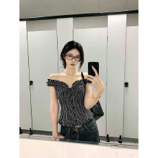 批发原版品质美式辣妹格纹一字肩短袖衬衫夏季新款露肩上衣