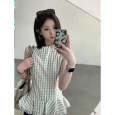 批发原版-有内里设计感荷叶边格子<b class='q'>衬衫</b>女<b class='q'>夏季</b>别致收腰无袖上衣