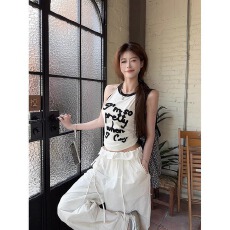 批发原版绣花 人棉270克kumikumi时尚字母印花挂脖背心女夏季