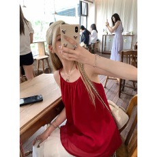 批发林初一独特绝美红色挂脖吊带背心女夏季宽松外穿无袖露背雪纺上衣