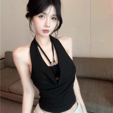 批发人棉270克假两件荡领挂脖吊带背心女泰式热辣妹抹胸小上衣