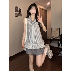 批发无袖立领条纹衬衫女夏2026新款法式清新蝴蝶结衬衣时髦炸街小上衣