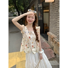 批发法式方领碎花小飞袖背心衬衫女夏季小清新甜美减龄短款娃娃衫上衣