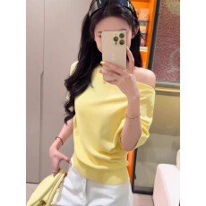 批发小鸡黄显白一字肩短袖针织衫女<b class='q'>夏</b>季修身露肩短款T恤洋气减龄上衣