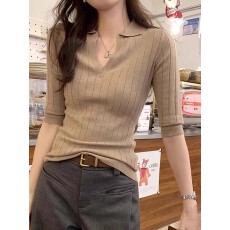 批发2026<b class='q'>夏</b>季新款气质polo领修身中袖针织衫女T恤独特设计感纯欲上衣