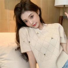 批发<b class='q'>镂空</b>刺绣针织短袖T恤女夏小个子甜美温柔泡泡袖短款正肩小衫上衣