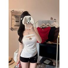 批发带胸垫 金属扣一字围不规则无袖抹胸背心纯欲修身性感上衣