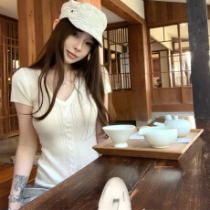 粉色低V领针织打底衫女春夏季2026新款修身内搭超好看的短袖上衣