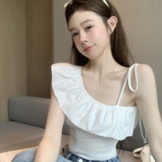 批发莫代尔随心裁260g 法式荷叶边斜肩吊带背心女夏款