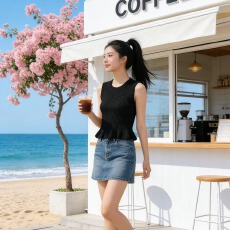 批发2026夏季新百搭洋气时尚甜美减龄圆领坑条显瘦荷叶边下摆套头背心