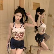 批发夏季拼色绑带印花字母挂脖吊带背心外穿套<b class='q'>装</b>显瘦抽绳休闲短裤子女