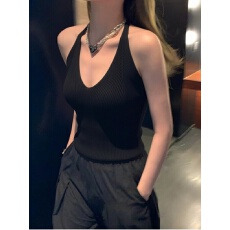 批发针织无袖黑色挂脖露背吊带上衣女内搭外穿高级春夏季新款绝美背心