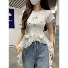 批发260克人棉蕾丝下摆<b class='q'>不规则</b>飘带拼接印花短袖T恤女夏季甜辣妹风上衣