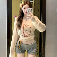 批发原版面料 美式复古罩衫苹果刺绣长袖t恤女宽松防晒慵懒风上衣
